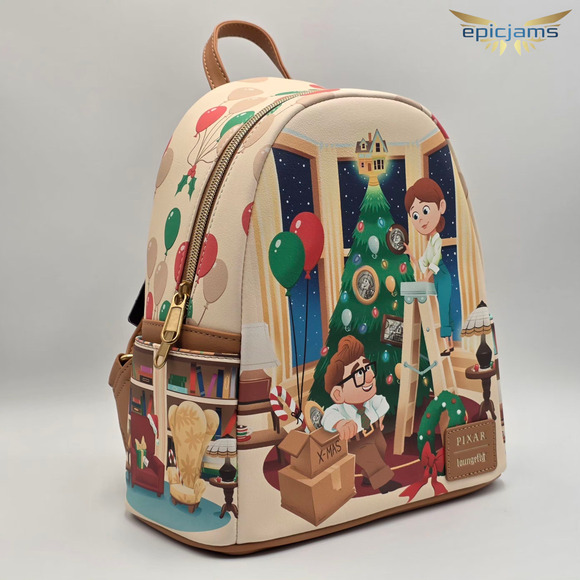 Loungefly Disney Pixar Up Carl & Ellie Christmas Tree Brown Mini Backpack Bag - Picture 3 of 6